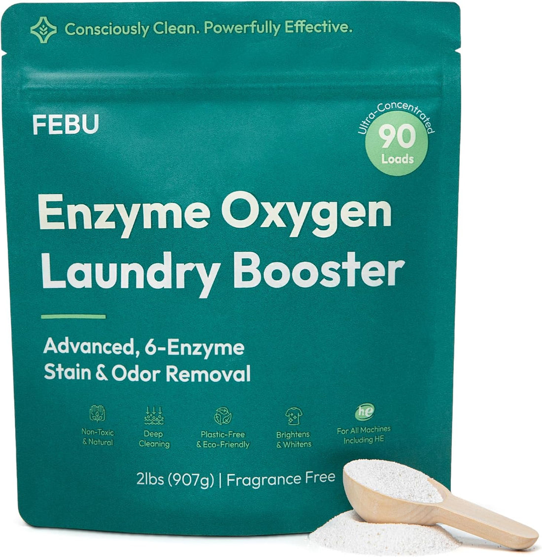 FEBU Enzyme Oxygen Laundry Booster packaging with a scoop of powder on a white background