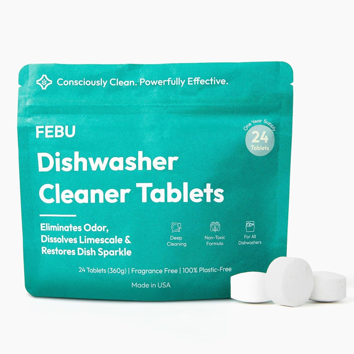 FEBU Dishwasher Cleaner Tablets packaging with tablets on a white background
