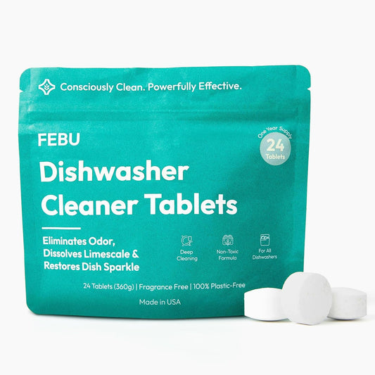 FEBU Dishwasher Cleaner Tablets packaging with tablets on a white background