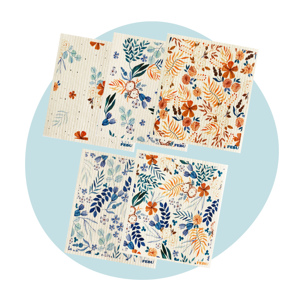 FEBU Swedish Dishcloths for Kitchen | 5 Pack Japanese Pattern Dish Towels |  Reusable Paper Towels Washable | Non-Scratch Cellulose Sponge Cloths | No